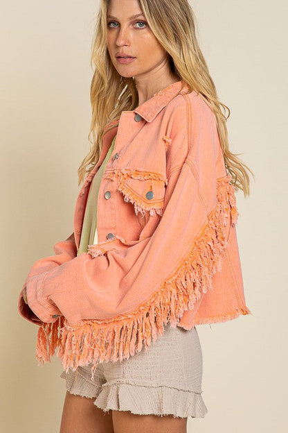 Orange Fringe Distressed Denim Jacket from PinkyBelles Shop