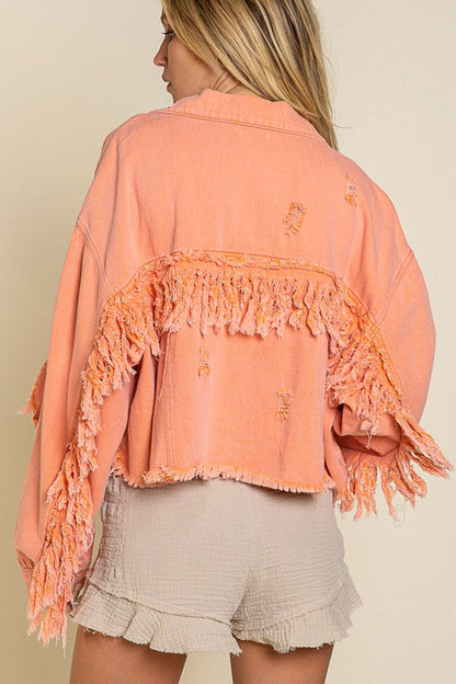 Orange Fringe Distressed Denim Jacket from PinkyBelles Shop