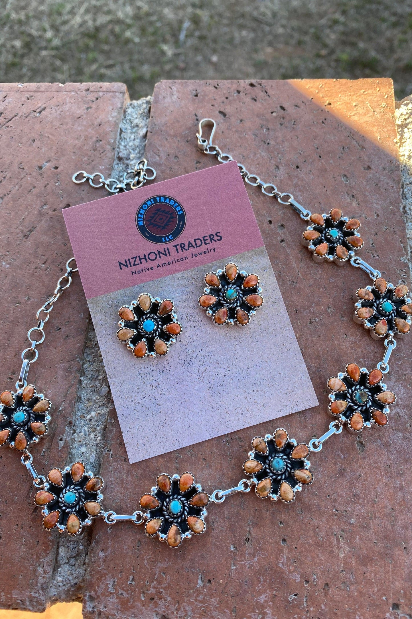 Orange / Turquoise Spiny & Royston Choker Necklace and Stud Earrings Set from PinkyBelles Shop