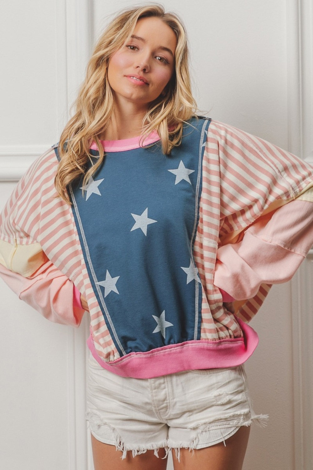 Pink / Blue Pink and Blue Stars & Stripes Long Sleeve Top from PinkyBelles Shop