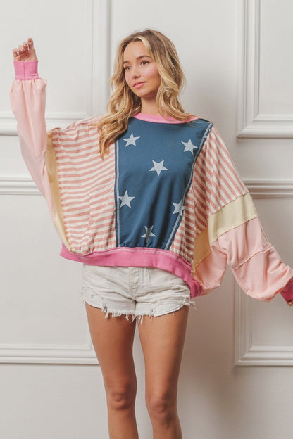 Pink / Blue Pink and Blue Stars & Stripes Long Sleeve Top from PinkyBelles Shop