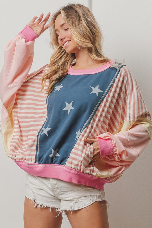 Pink / Blue Pink and Blue Stars & Stripes Long Sleeve Top from PinkyBelles Shop