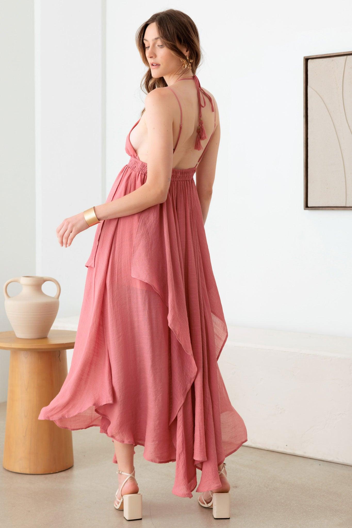 Pink Cutout Asymmetric Sleeveless Maxi Dress from PinkyBelles Shop