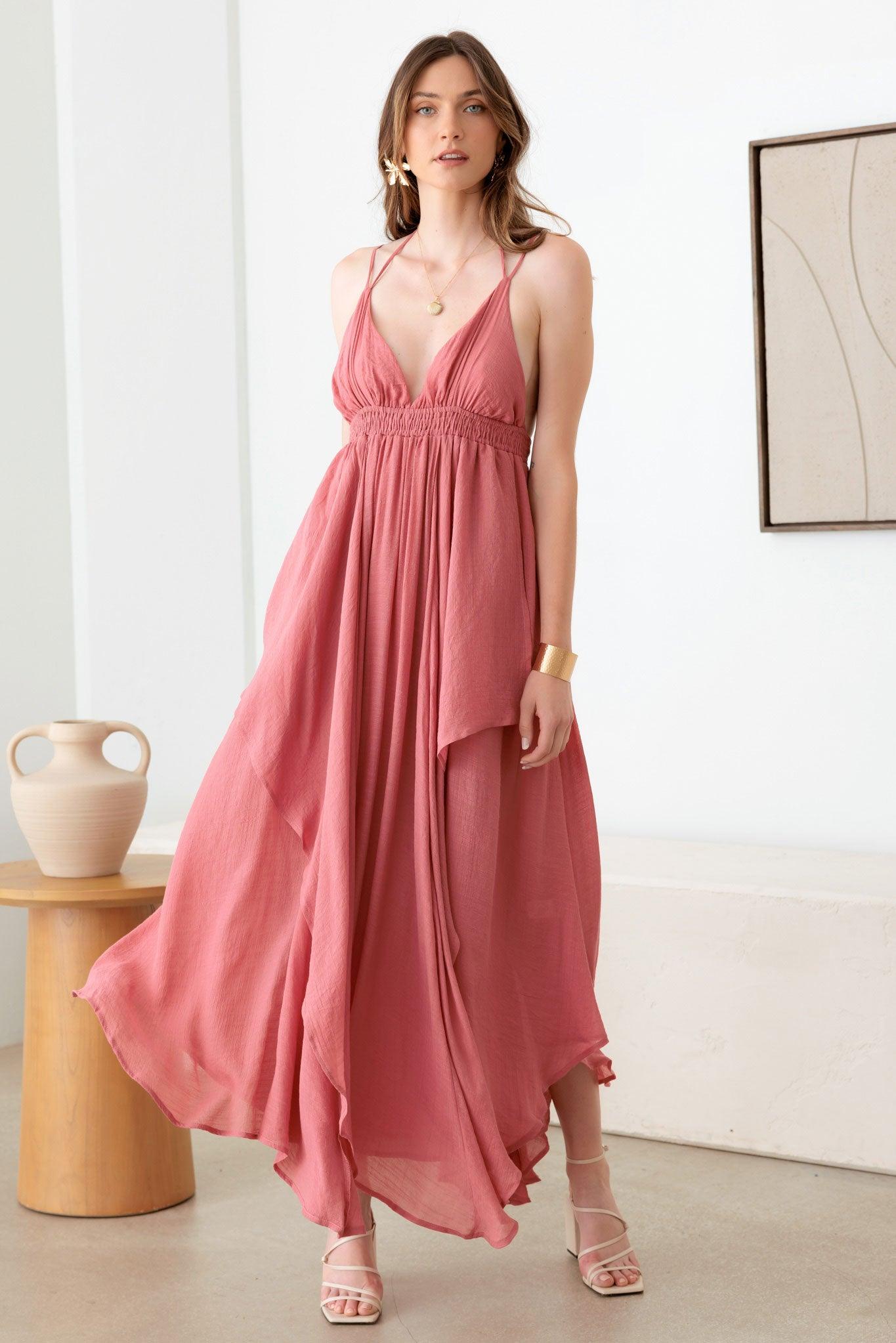 Pink Cutout Asymmetric Sleeveless Maxi Dress from PinkyBelles Shop