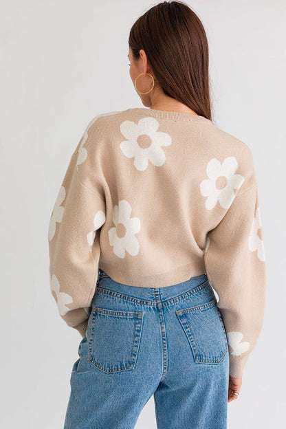 Pink Daisy Pattern Long Sleeve Crop Sweater from PinkyBelles Shop