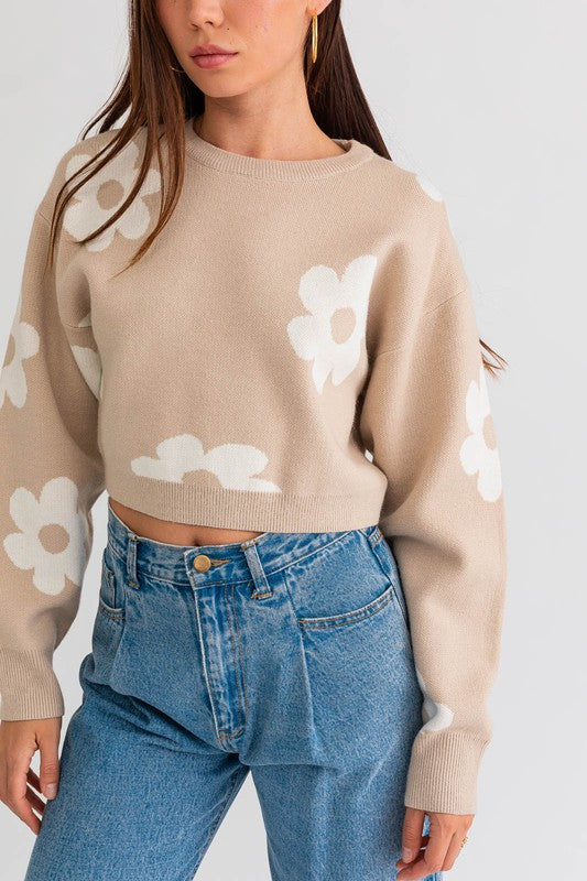 Pink Daisy Pattern Long Sleeve Crop Sweater from PinkyBelles Shop