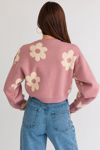 Pink Daisy Pattern Long Sleeve Crop Sweater from PinkyBelles Shop