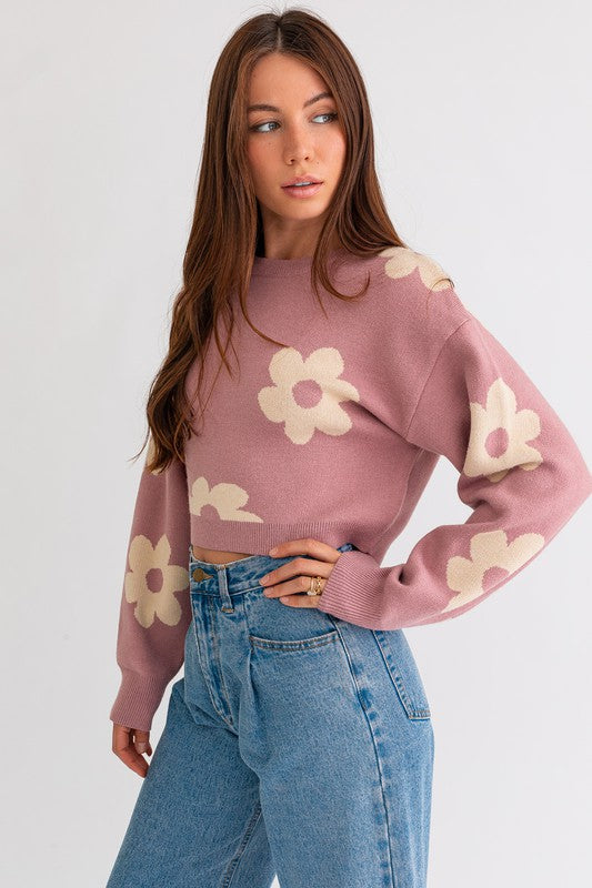 Pink Daisy Pattern Long Sleeve Crop Sweater from PinkyBelles Shop