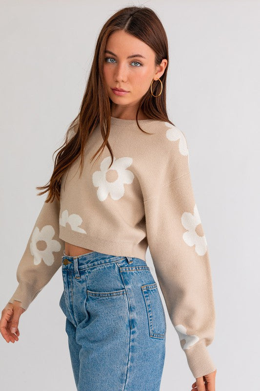 Pink Daisy Pattern Long Sleeve Crop Sweater from PinkyBelles Shop