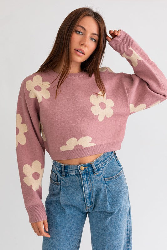 Pink Daisy Pattern Long Sleeve Crop Sweater from PinkyBelles Shop