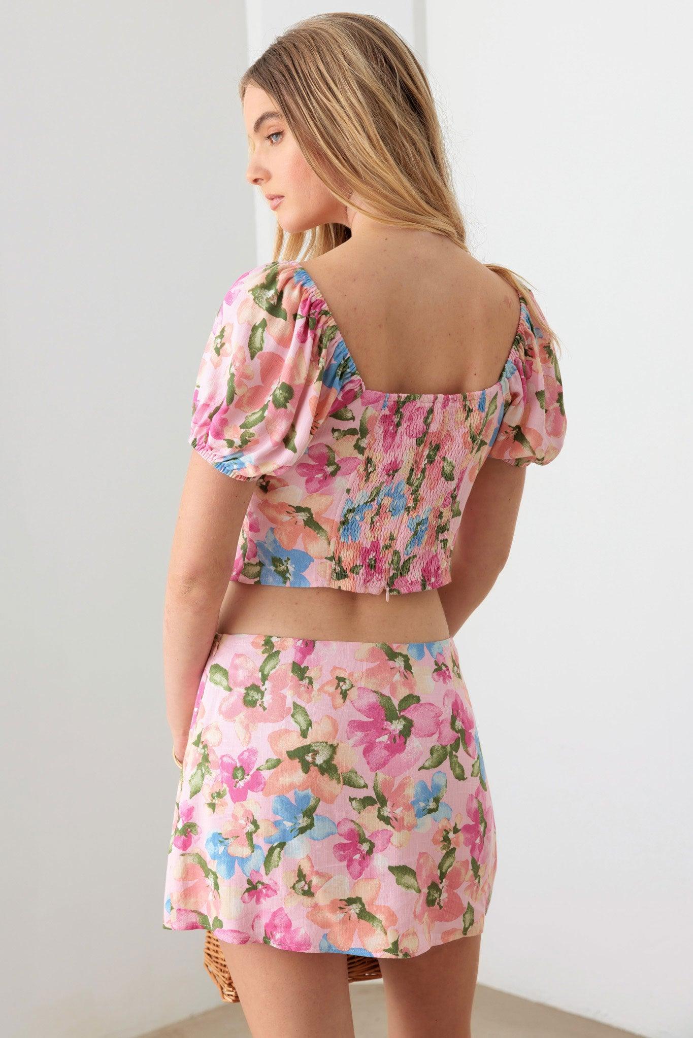 Pink Floral Crop Top and Mini Skirt Set from PinkyBelles Shop