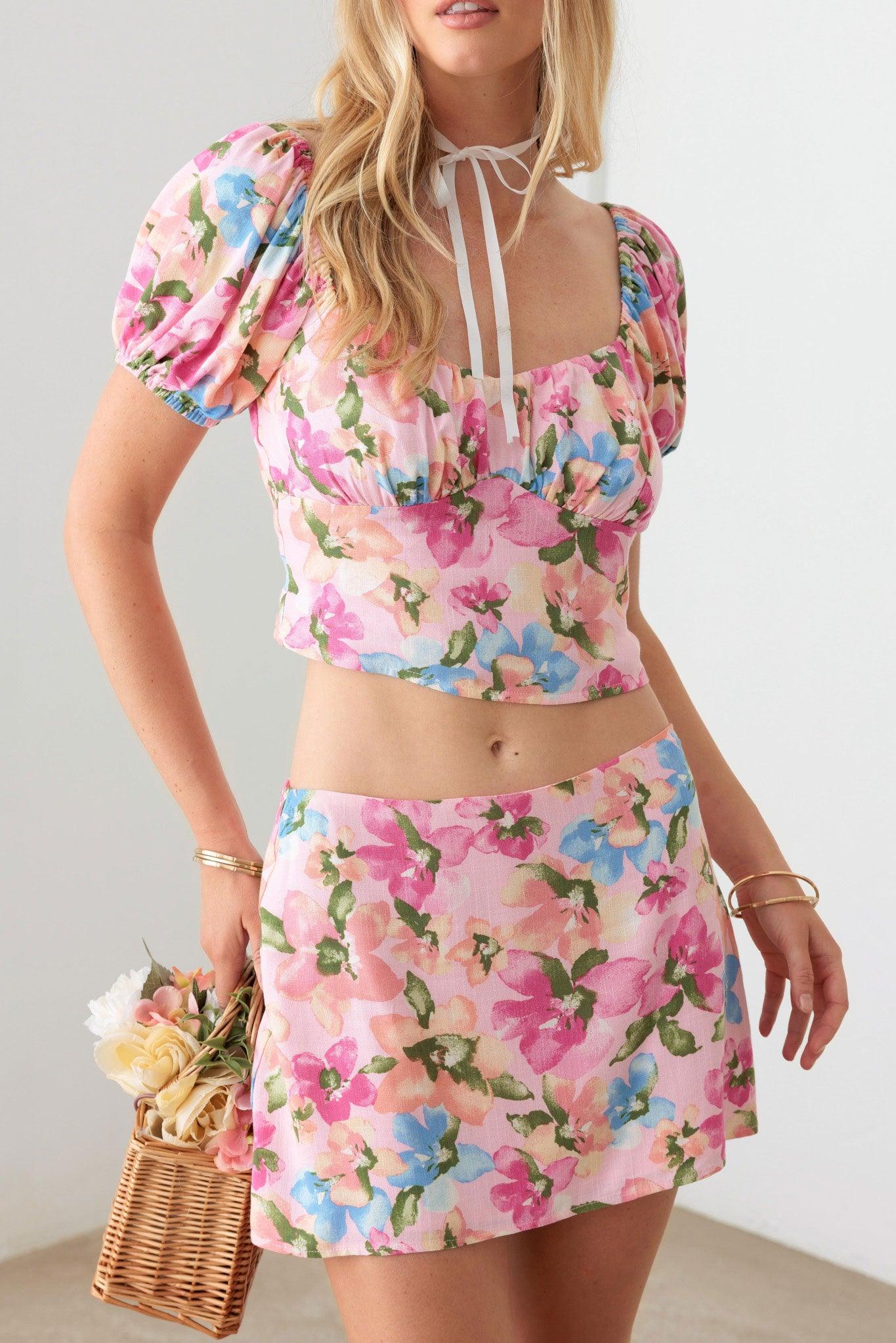 Pink Floral Crop Top and Mini Skirt Set from PinkyBelles Shop