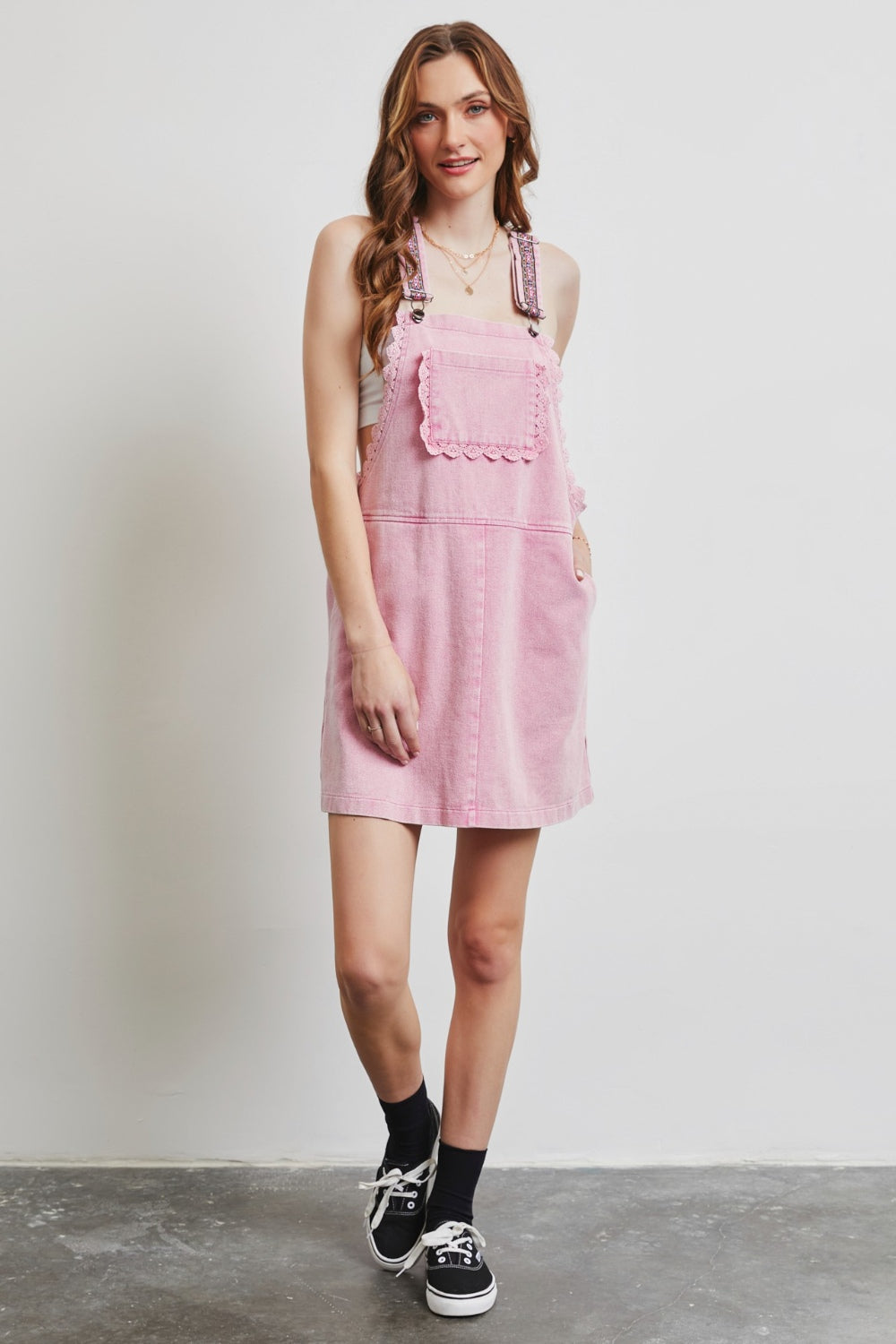 Pink Lace Trim Denim Overall Dress from PinkyBelles Shop