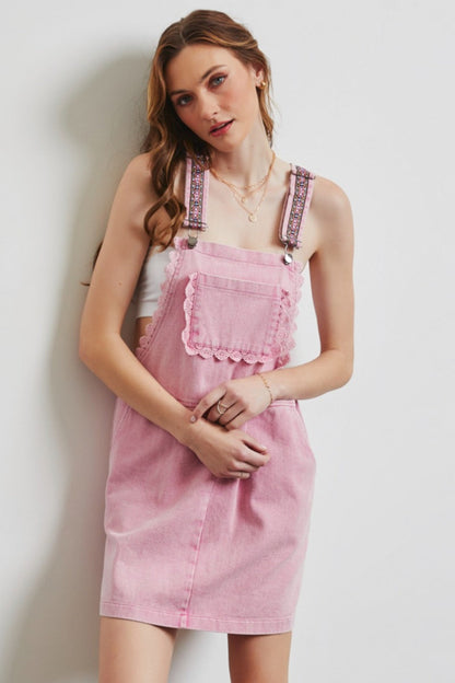 Pink Lace Trim Denim Overall Dress from PinkyBelles Shop