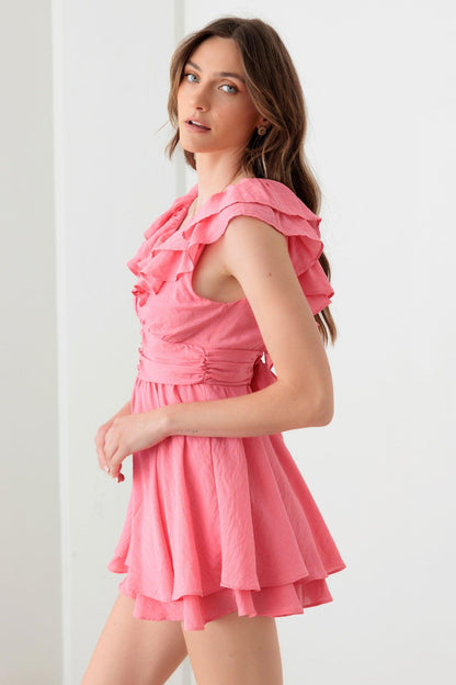 Pink Pink Midriff Yoke Ruffle Romper Mini Dress from PinkyBelles Shop