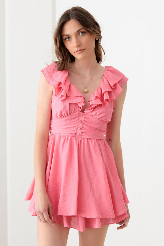 Pink Pink Midriff Yoke Ruffle Romper Mini Dress from PinkyBelles Shop