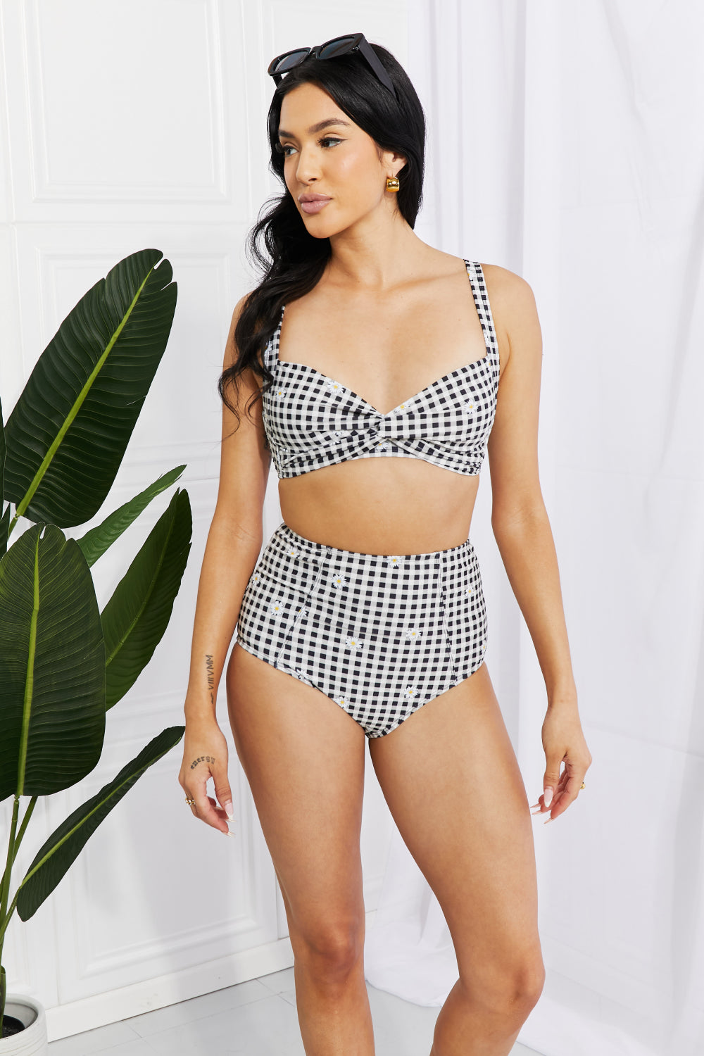 Plaid Vintage Vibes Daisy Plaid High-Rise Bikini in Black from PinkyBelles Shop