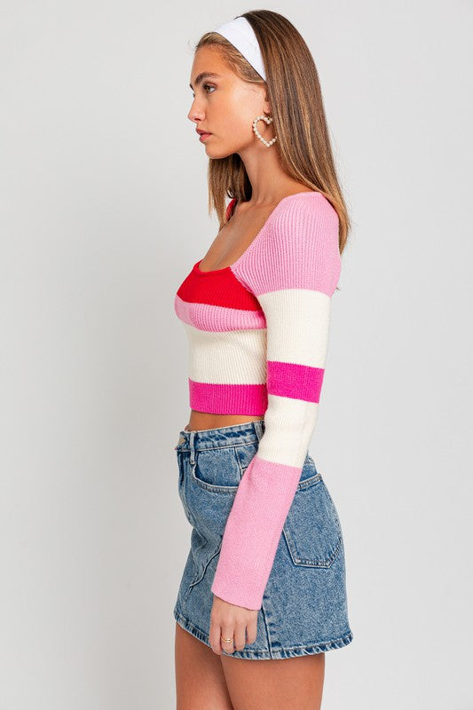 Red Multicolor Color Block Long Sleeve Knit Top from PinkyBelles Shop