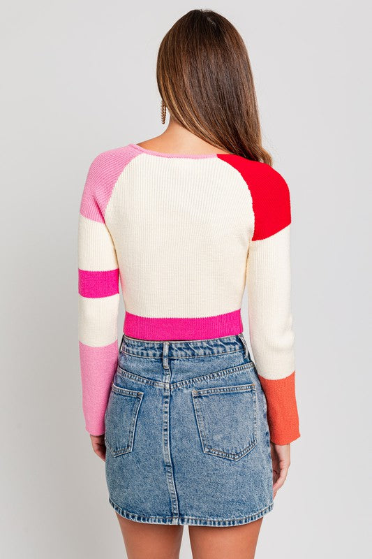 Red Multicolor Color Block Long Sleeve Knit Top from PinkyBelles Shop