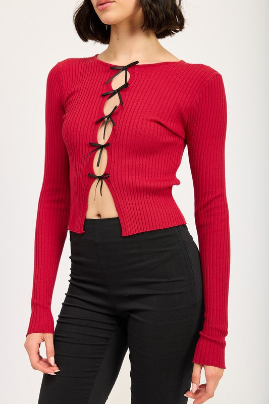 Red Ribbon-Tied Long-Sleeve Top from PinkyBelles Shop