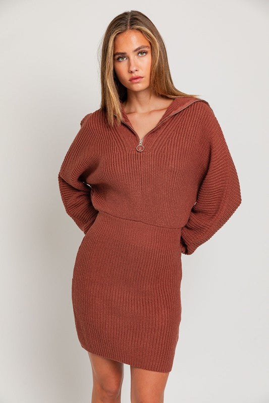 Rust Brown Zipper Sweater Dress from PinkyBelles Shop