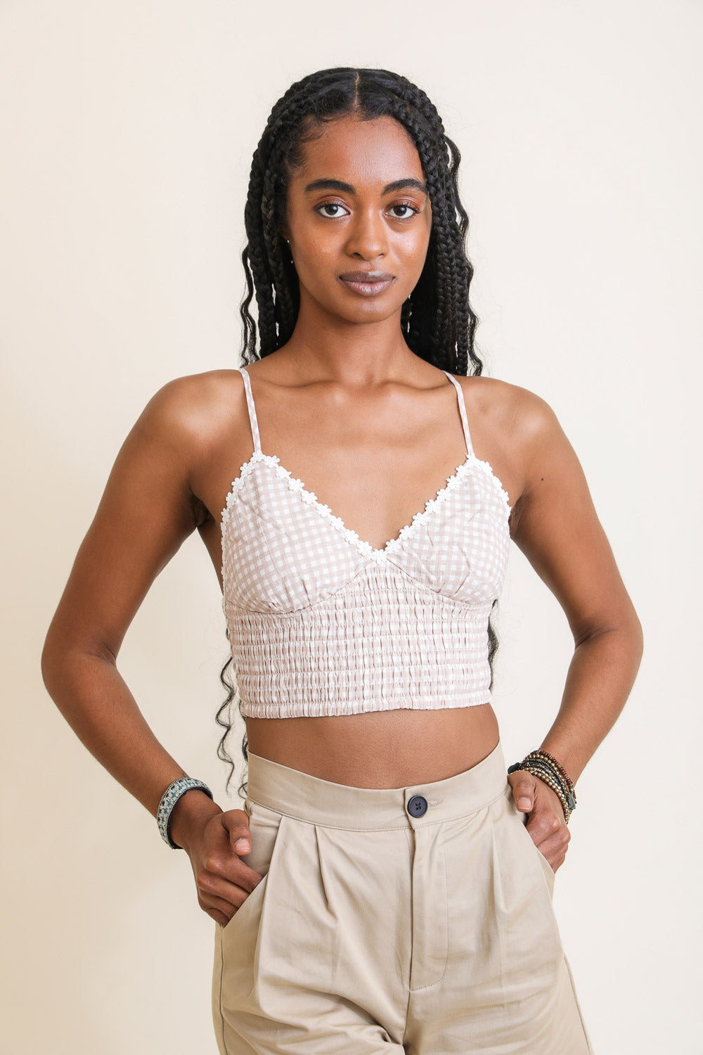 Sage Green Daisy Trim Smocked V-Neck Crop Top from PinkyBelles Shop