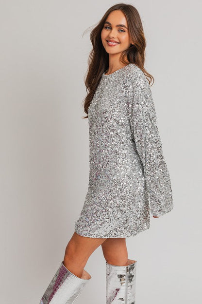 Silver Long Sleeve Sequin Mini Dress from PinkyBelles Shop