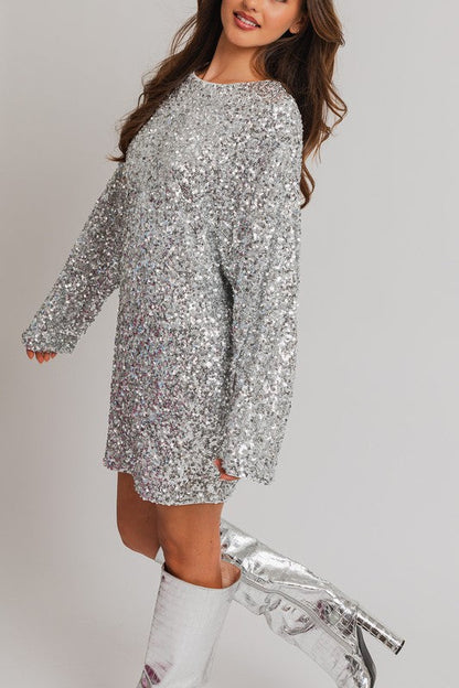 Silver Long Sleeve Sequin Mini Dress from PinkyBelles Shop