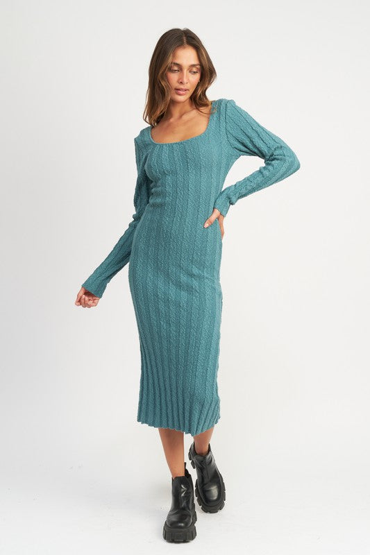 Teal Square Neck Ribbed Midi Dress from PinkyBelles Shop