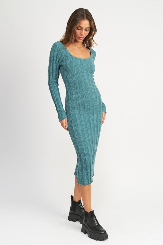 Teal Square Neck Ribbed Midi Dress from PinkyBelles Shop