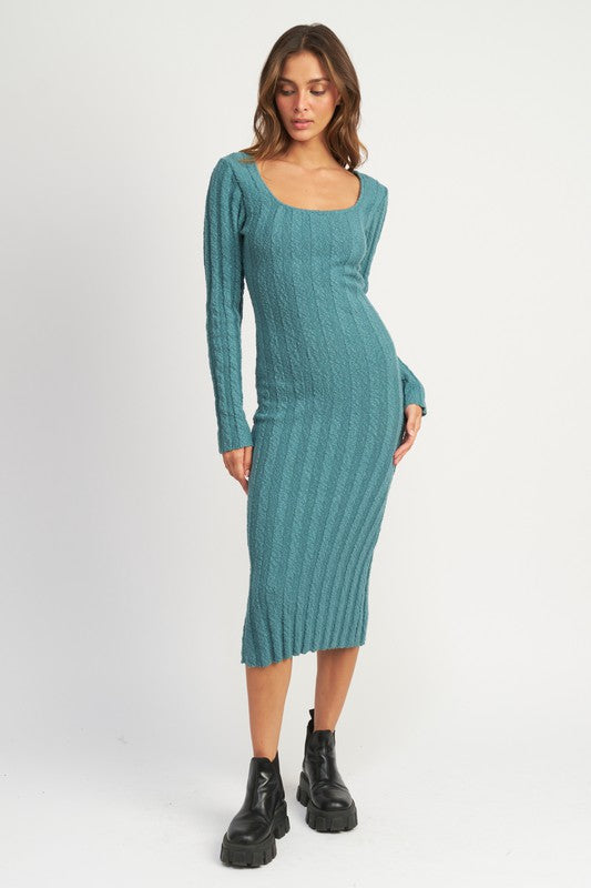 Teal Square Neck Ribbed Midi Dress from PinkyBelles Shop