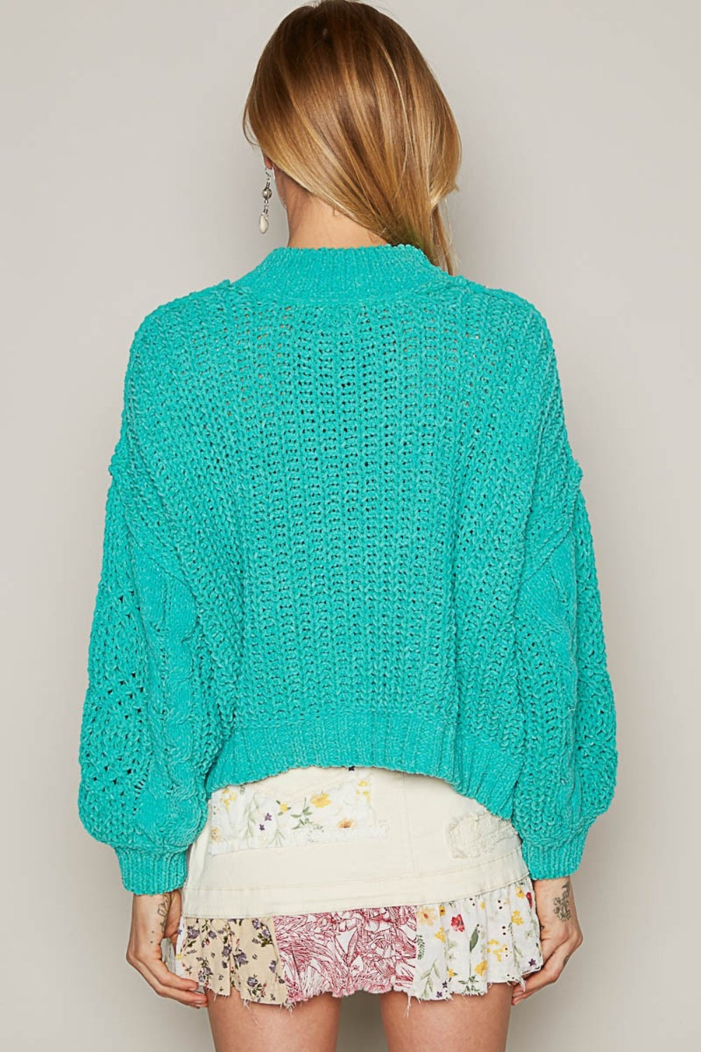 Turquoise Mock Neck Cable Knit Sweater Top from PinkyBelles Shop