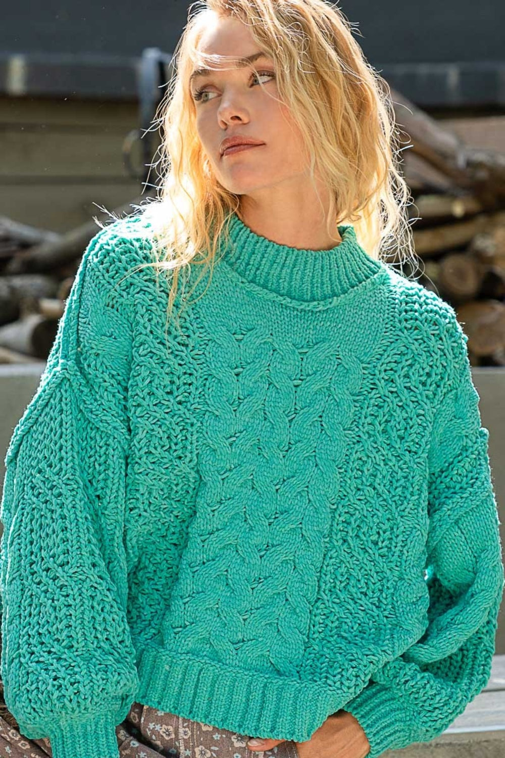 Turquoise Mock Neck Cable Knit Sweater Top from PinkyBelles Shop