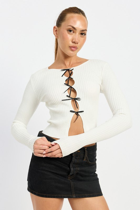 White Ribbon-Tied Long-Sleeve Top from PinkyBelles Shop