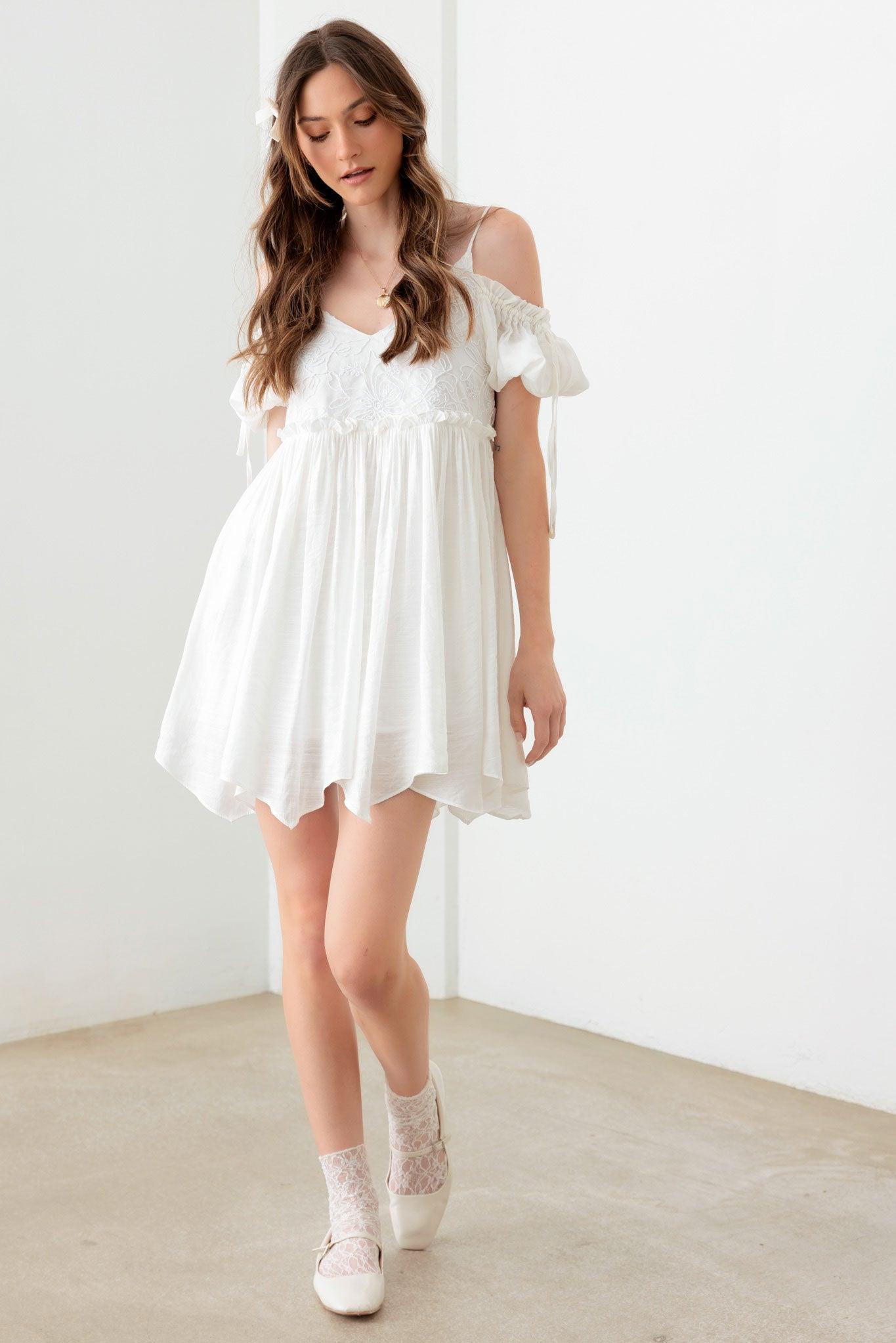 White White Floral Cold Shoulder Mini Dress from PinkyBelles Shop