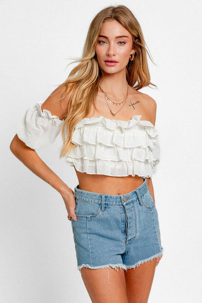 White White Off-Shoulder Ruffled Boho Crop Top from PinkyBelles Shop